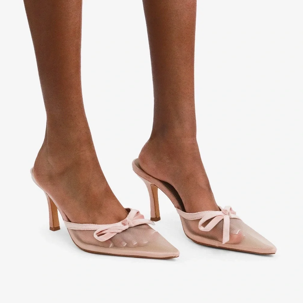 Blush Mesh Pointed Toe Heels with Bow Detail - Picture 4 of 5